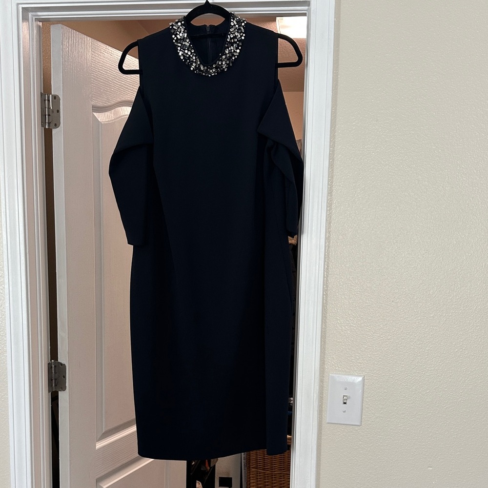 Eliza J Black Cold-Shoulder Midi Dress with Jeweled Collar
